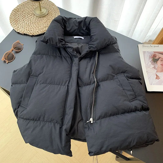 Oversized Autumn Stand Collar Elegant Down Coats/Warm Outerwear Casual Belt Sleeveless Winter Women Vests Jackets.