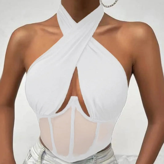 Elegant Halter Neck Mesh Corset Top for Women | Sheer Panel Wrap Neck Crop Top | Clubwear & Night Out Fashion