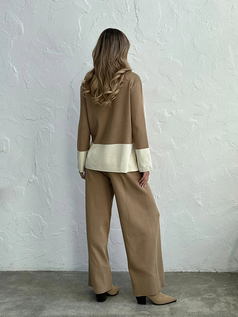 Elegant Two Piece Set/Loungewear Slit Sweater/Matching Sets Women Casual Knitted Wear/Mock Neck Design/Elastic Waist Band.