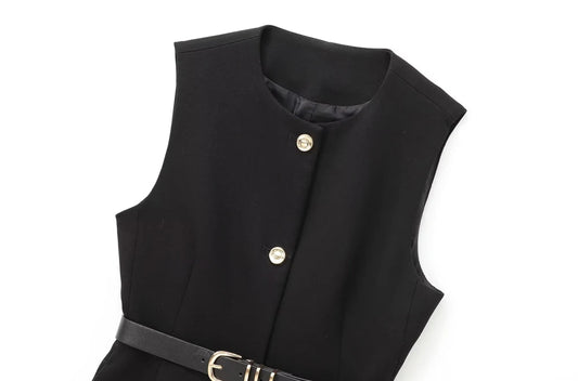 Commense Button Detail/TRZA-Women's Long Waistcoat with Belt, Front Gold Button/Fashion. Women Fashion Vintage Vest/Sleeveless Front Button Female Vest Tops With Belt