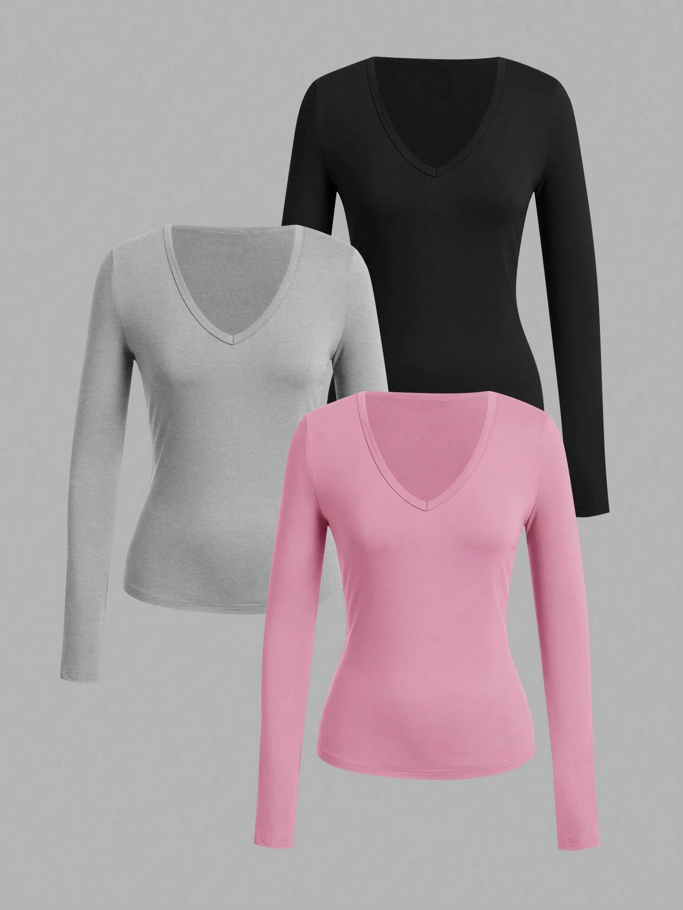 Long-Sleeve V-Neck Fitted Top – Soft Stretch Everyday Essential