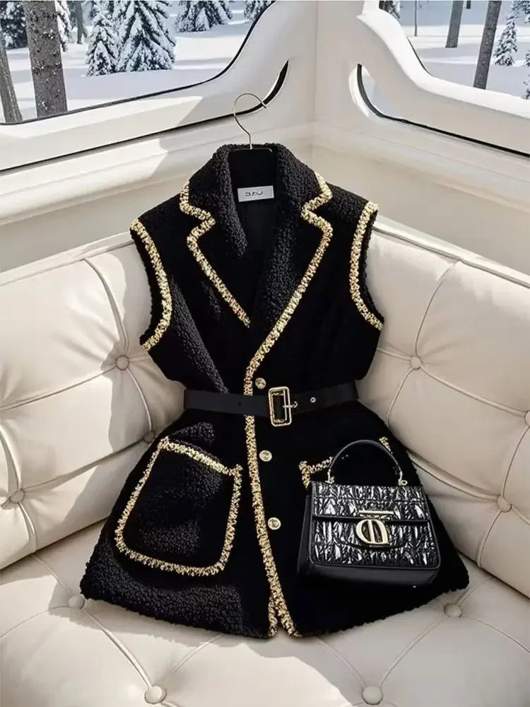 Elegant Women Black Lambhair Vest Coat Luxury Bright Silk Edging with Belt Sleeveless Blazers Vest New Spring Winter Outerwear.