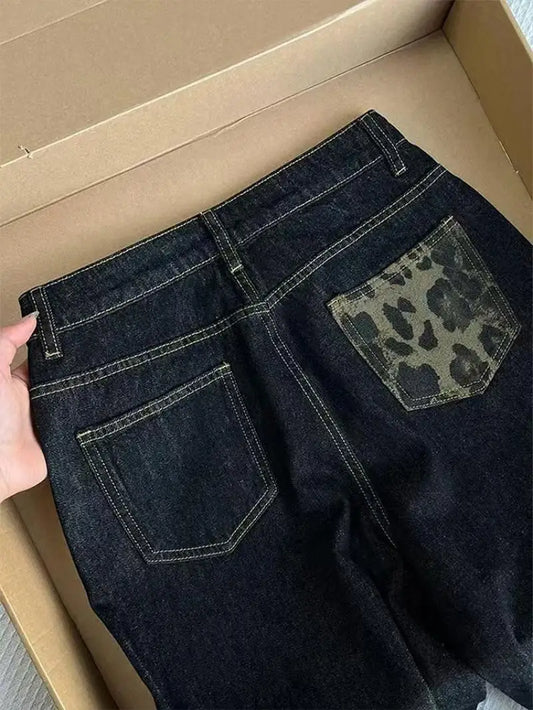 Leopard Cuff Dark Wash Wide Leg Jeans for Women – Mid Rise Loose Straight Denim Pants