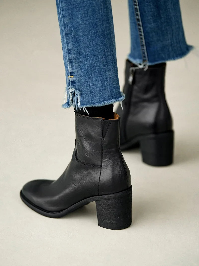 Women’s Genuine Leather Ankle Boots | Vintage European-Inspired Round Toe Booties, Side Zipper, Block Heel, Classic British Style