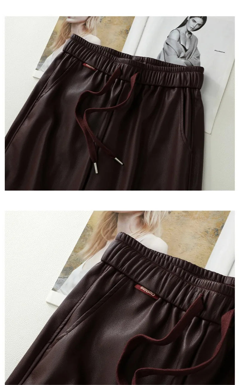 Luxury PU Leather Jogger Pants for Women – High-Waist Elastic Drawstring Wide-Leg Trousers – Comfy Chic Vegan Leather Athleisure Pants