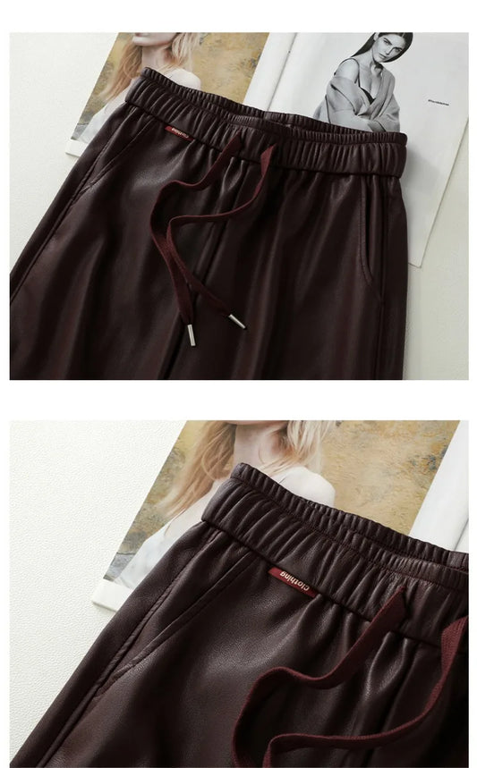 Luxury PU Leather Jogger Pants for Women – High-Waist Elastic Drawstring Wide-Leg Trousers – Comfy Chic Vegan Leather Athleisure Pants