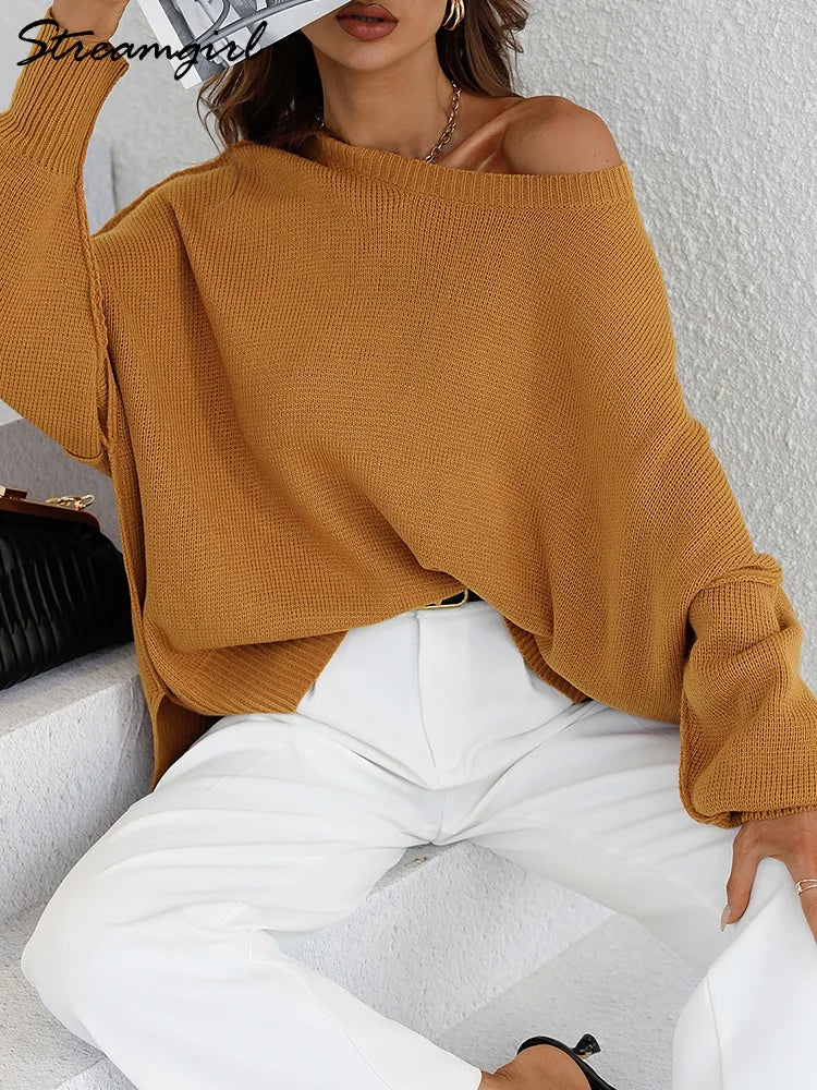 Comfy Oversized Sweater’s/Loose O~Neck Knit Sweater/Split Pull Knitted Pullover Oversized Winter Clothing.