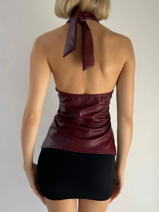 Neck-mounted Halter Top/Backless Sexy Tops Edge PU Crop Tops Corset Streetwear.