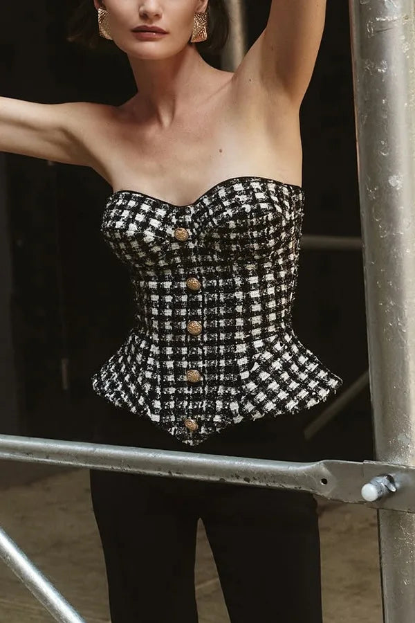 Luxury Tweed Corset Top for Women – Strapless Peplum Bustier with Gold Button Detail | Elegant Timeless Boutique Fashion