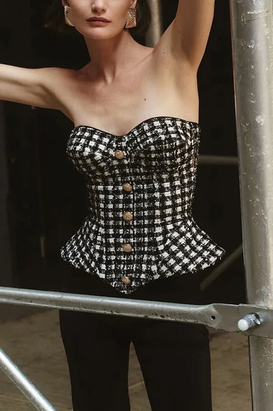Luxury Tweed Corset Top for Women – Strapless Peplum Bustier with Gold Button Detail | Elegant Timeless Boutique Fashion