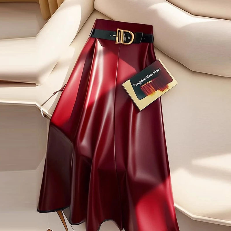 Burgundy Faux Leather A-Line Midi Skirt with Belt – Elegant High-Waist Vegan Leather Skirt
