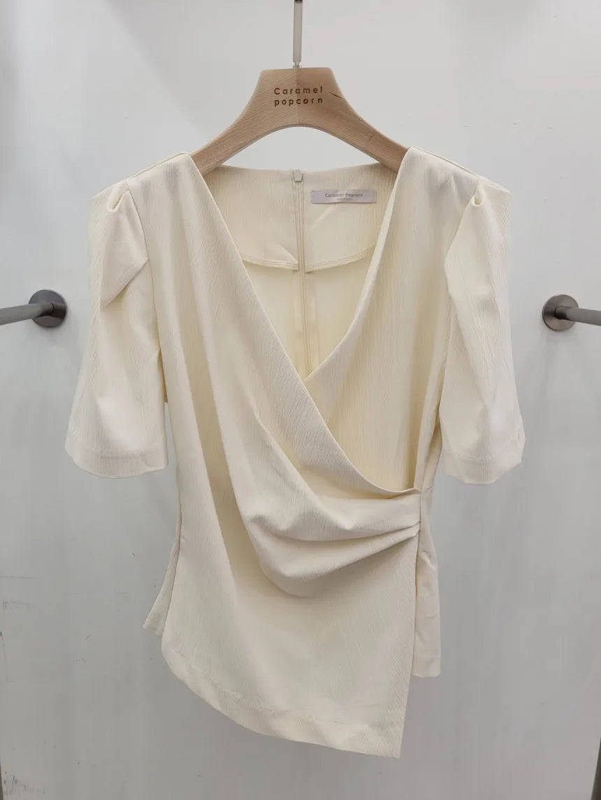 Solid Tucked V Neck Slim Blouse/Elegant Short Sleeve Asymmetrical Top For Women Hot Sale.