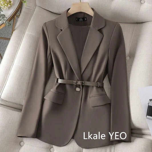 Women’s Tailored Belted Blazer – Single-Breasted Notched Lapel, Structured Shoulder, Regular-Length Suit Jacket, Elegant Business Casual Outerwear