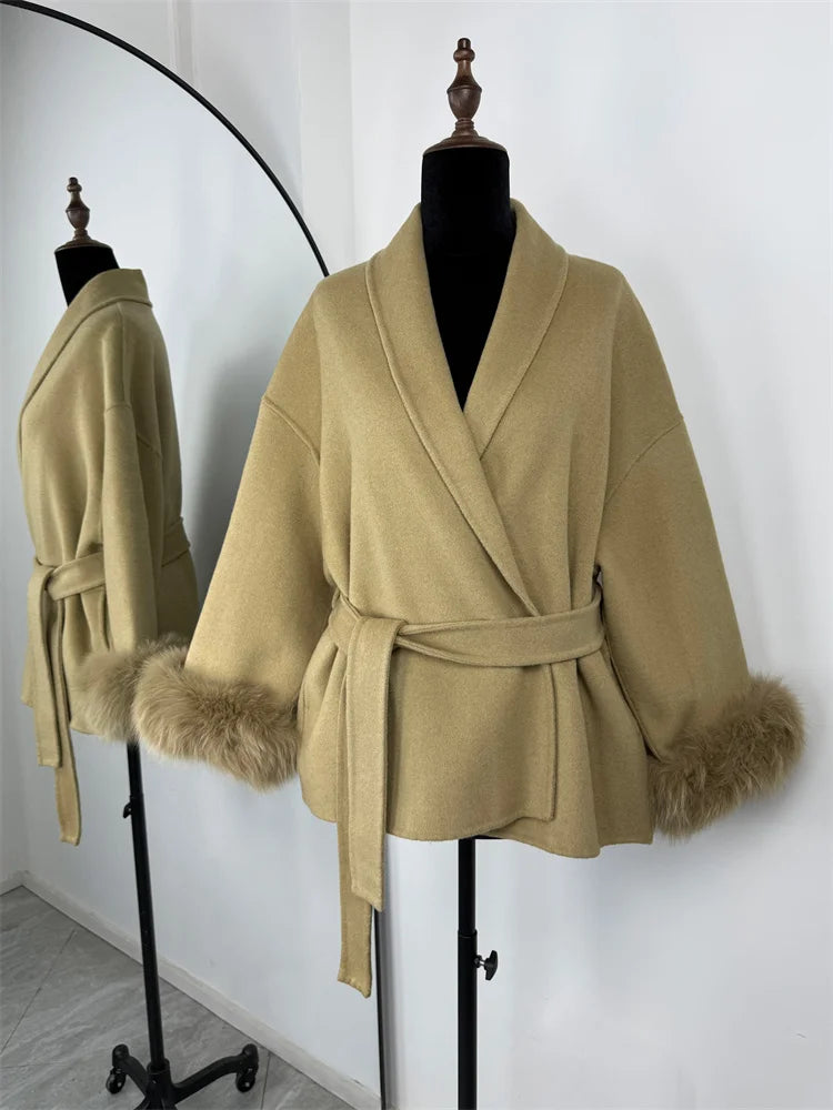 Tossy Fox Fur Overcoat/Short Fitted Cardigan Coat/Elegant Double-sided Woolen Coat.