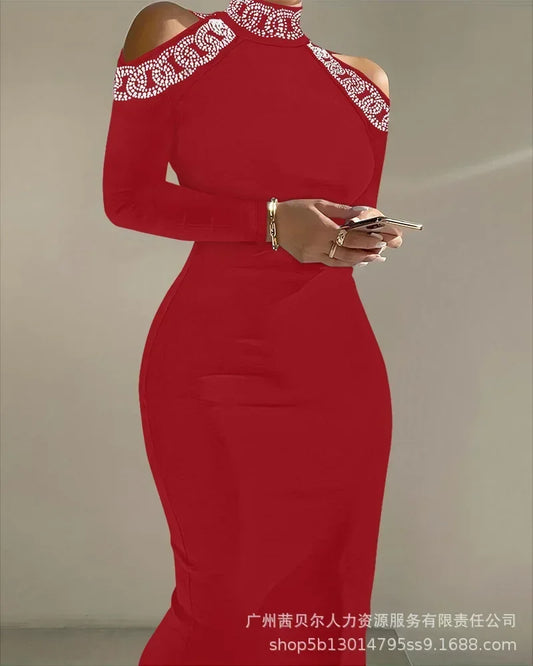 Appealing hot Lace Splicing Long-sleeved Slim Long Dress High Waist.