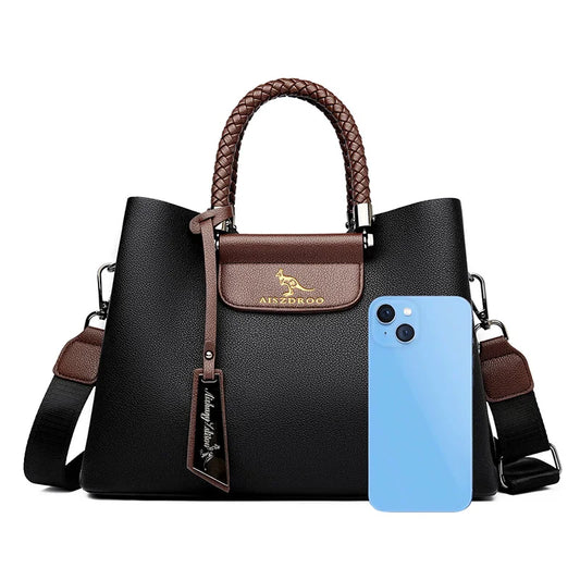 Elegant Genuine Leather Tote Handbag – Luxury Pattern Shoulder Bag with Braided Handle & Adjustable Strap