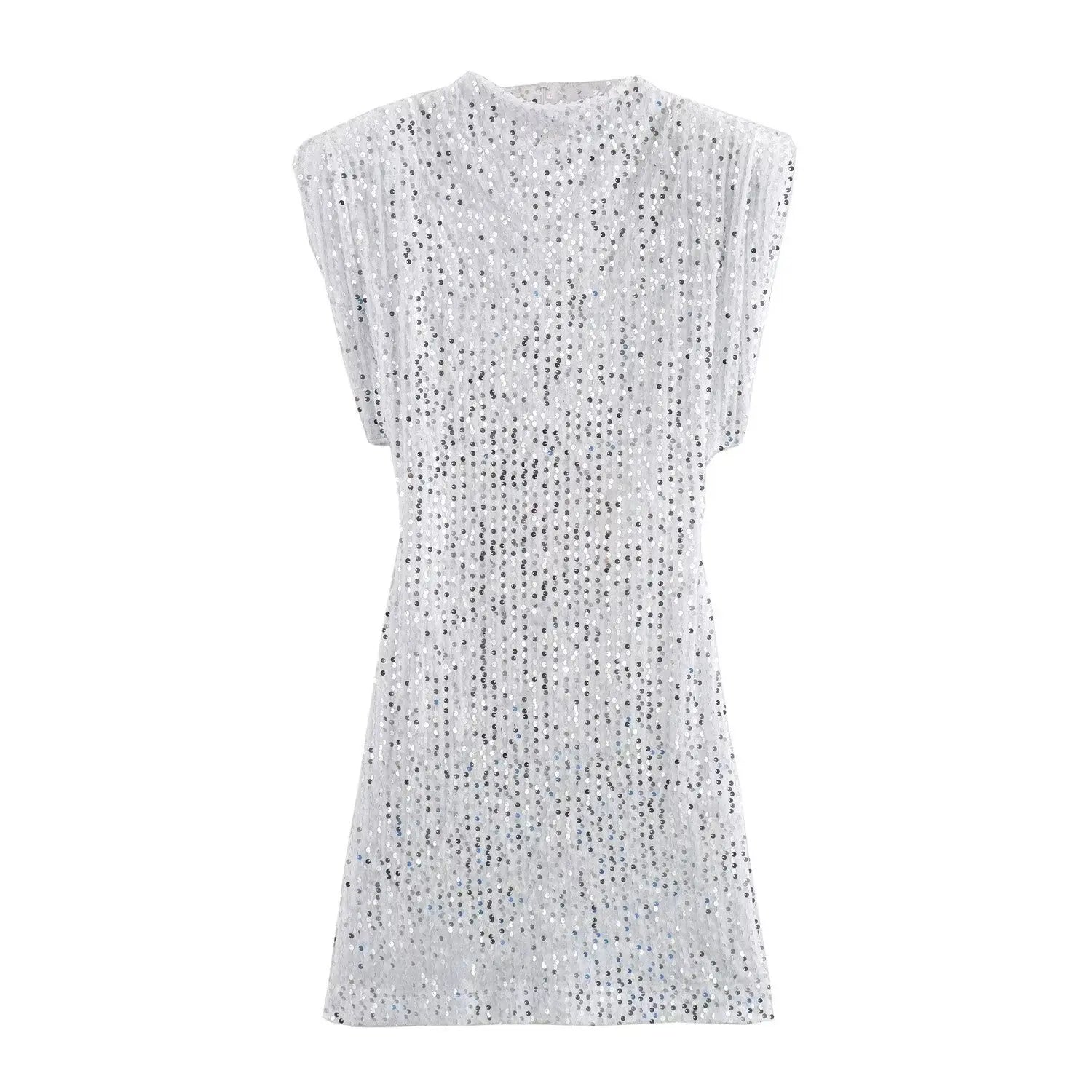 Night Out Sequined Party Dress/Sleeveless Pad Bead Mini Dress/Wide Shoulder Pullover Dress.