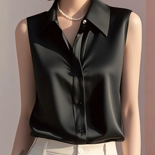 Sleeveless Satin Blouse for Women – Elegant Button-Front Top