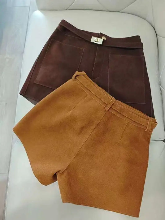 Real Sheepskin Leather Shorts for Women – 2026 New Arrival Casual Genuine Leather Shorts with White Belt, High-Quality Sheepskin, Versatile Summer & Street Style