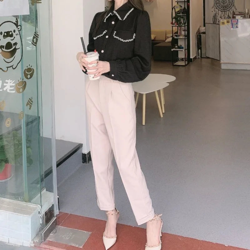 Elegant Summer Casual Pants Women Fashion Solid Color/Slim Straight Trousers/Chic Business Mujer Retro Belt.