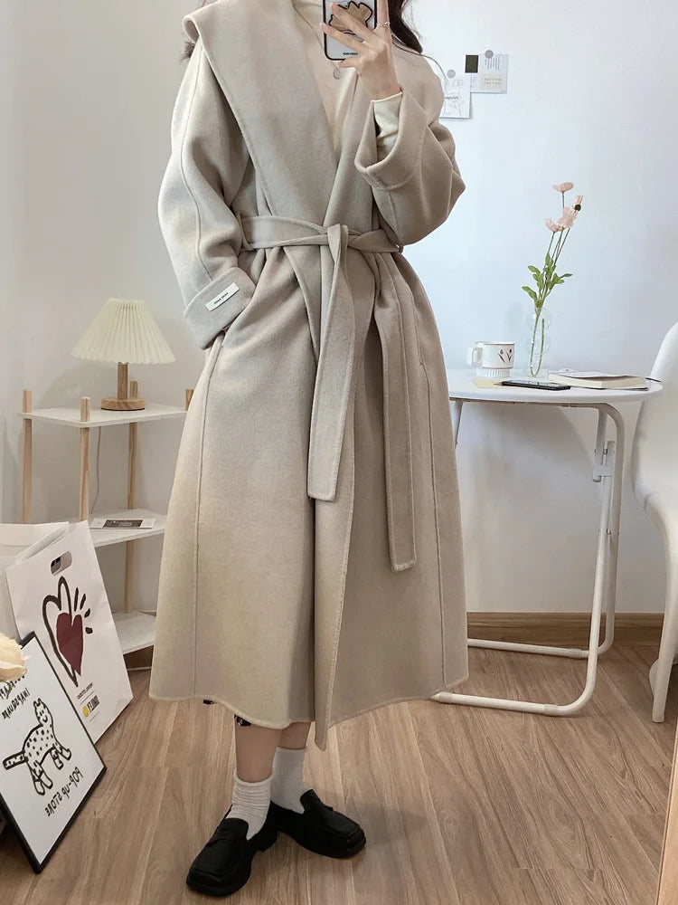 Smooth Double-Sided Woolen Coat/Elegant Commuter Long Belt/Slim Jacket Winter High Quality/Large Collar Loose Wool Coat’s.