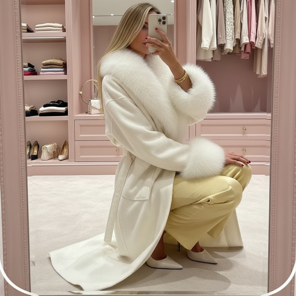 Stylish Cream-colored Long Wool Coat With Faux Fur/Collar and cuffs, Featuring A Self Tie Belt.