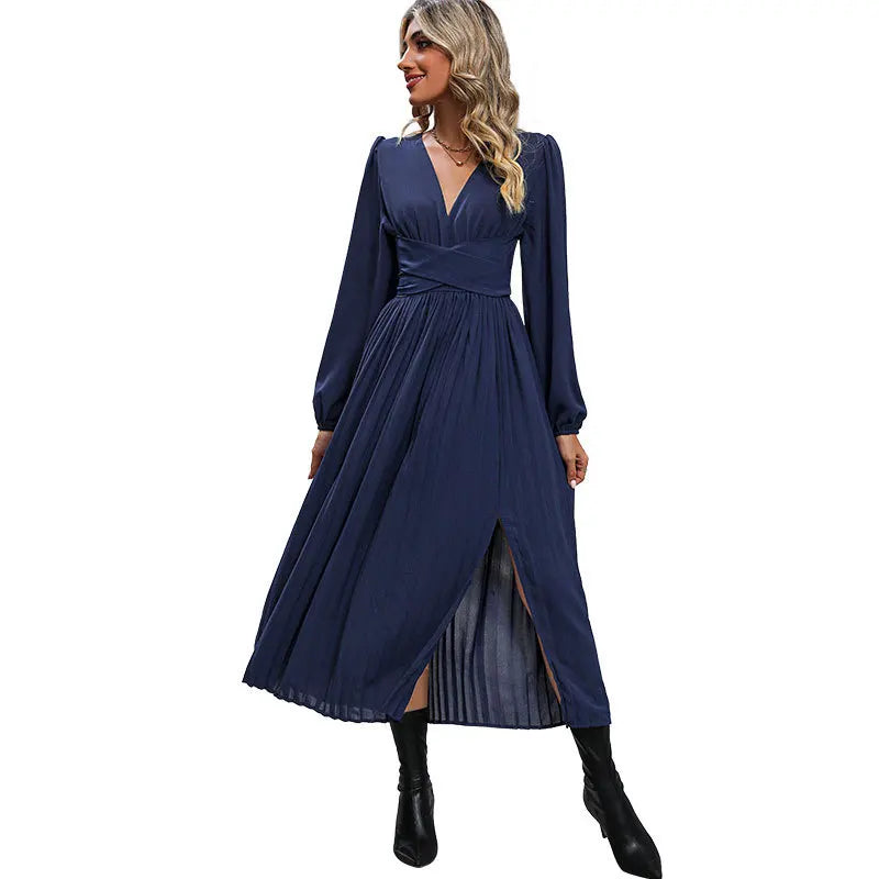 Elegant Side Slit Waist Wrap Dress/Woman Autumn and Winter Solid Color/V Neck Long Sleeve Midi Dress.