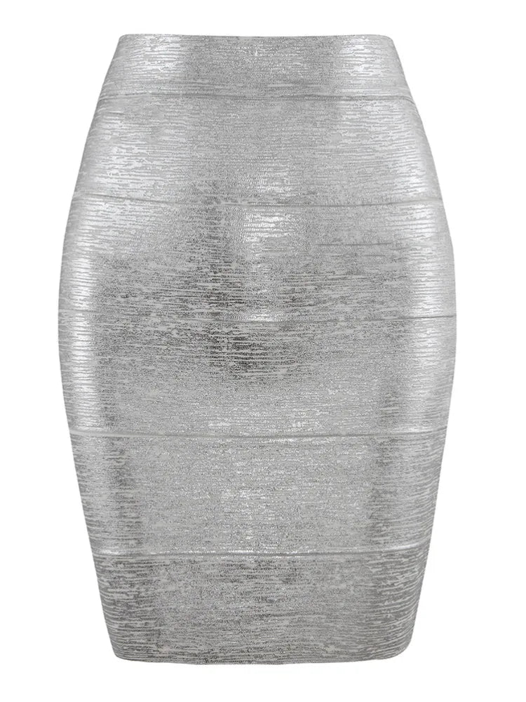 Gold Metallic High-Waist Bodycon Midi Skirt for Women – Stretch Fitted Pencil Skirt