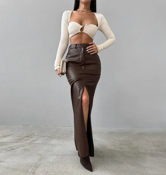 Luxury High-Waist Faux Leather Midi Skirt with Front Slit – Elegant Tailored Fit
