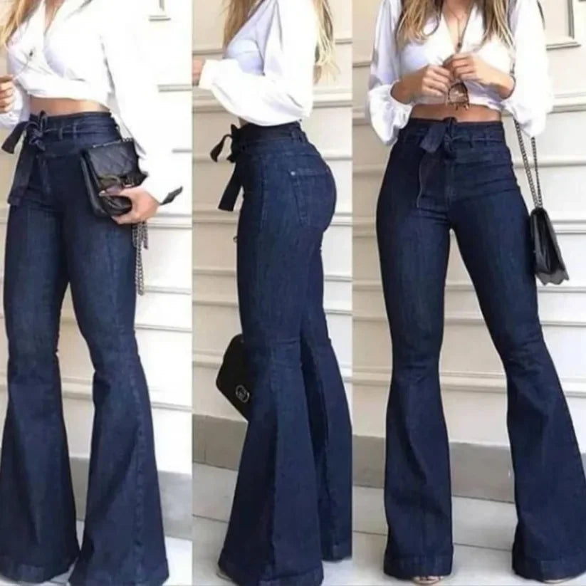 High-Waist Dark Wash Flare Jeans for Women | Vintage Bell Bottom Denim Pants