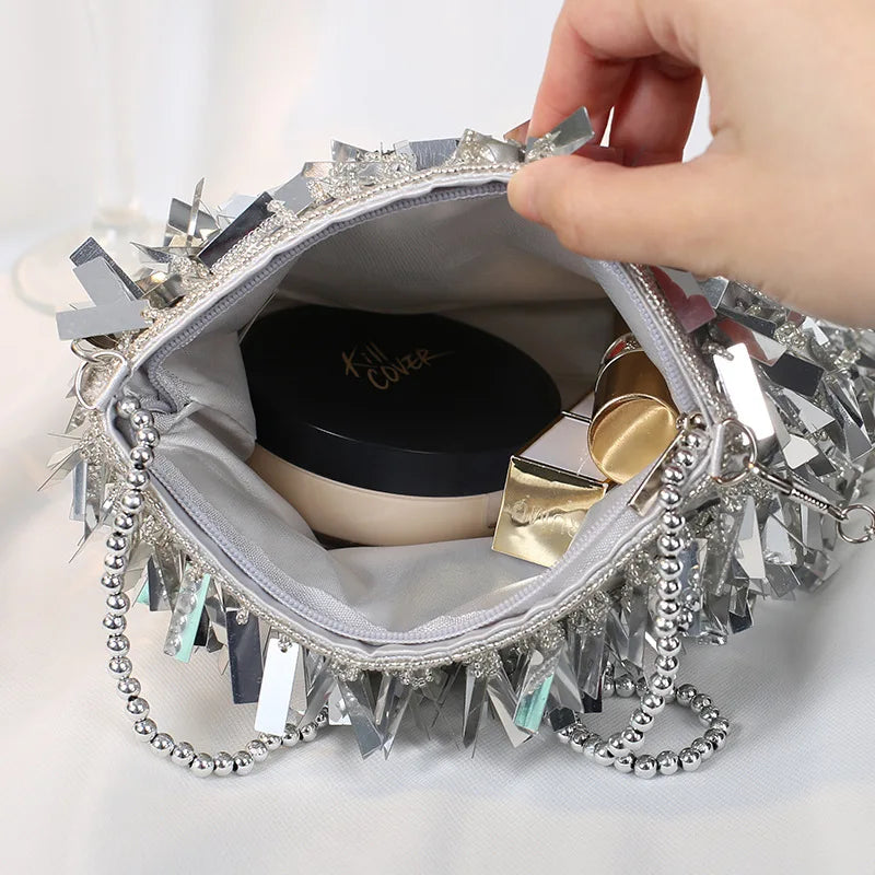 Vintage Silver Hand Bag/Beading Sequined Bag/Clutch Purse Versatile Handbags With Beaded Handle Chain Shoulder Bag.