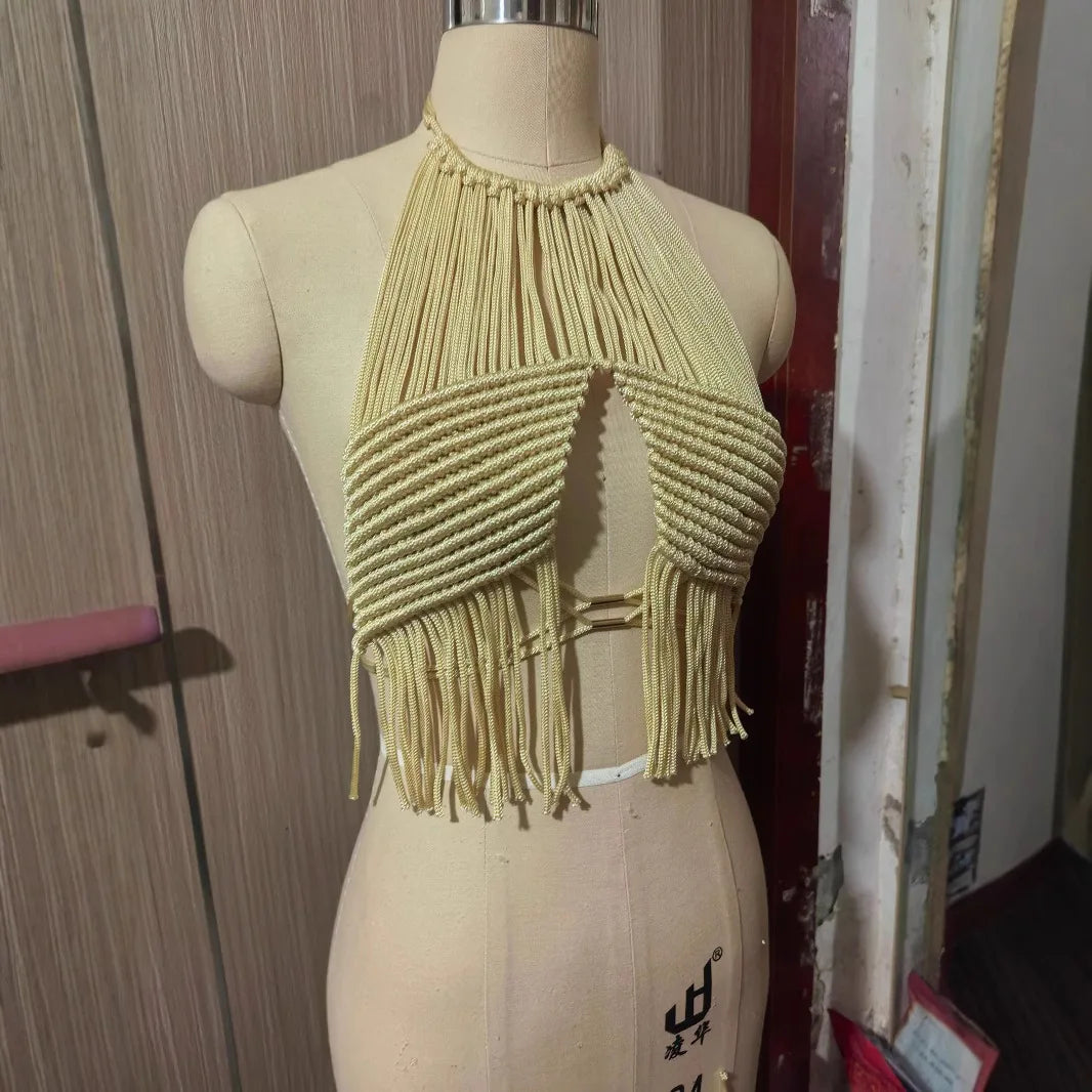 Bohemian Crochet Tassel Vest Cover/Halter Neck Backless Cropped  Vacation Camis.