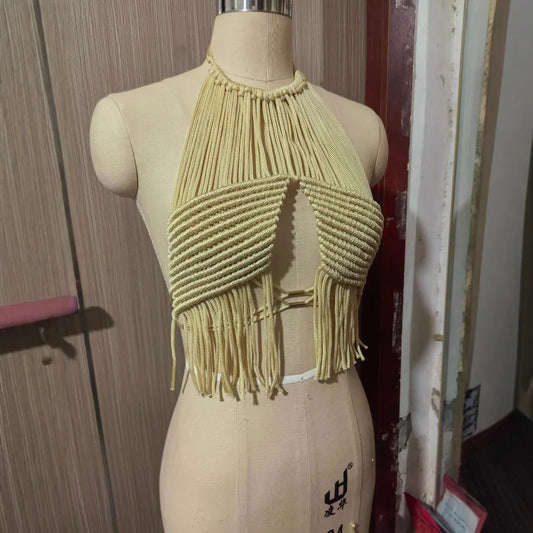 Bohemian Crochet Tassel Vest Cover/Halter Neck Backless Cropped  Vacation Camis.