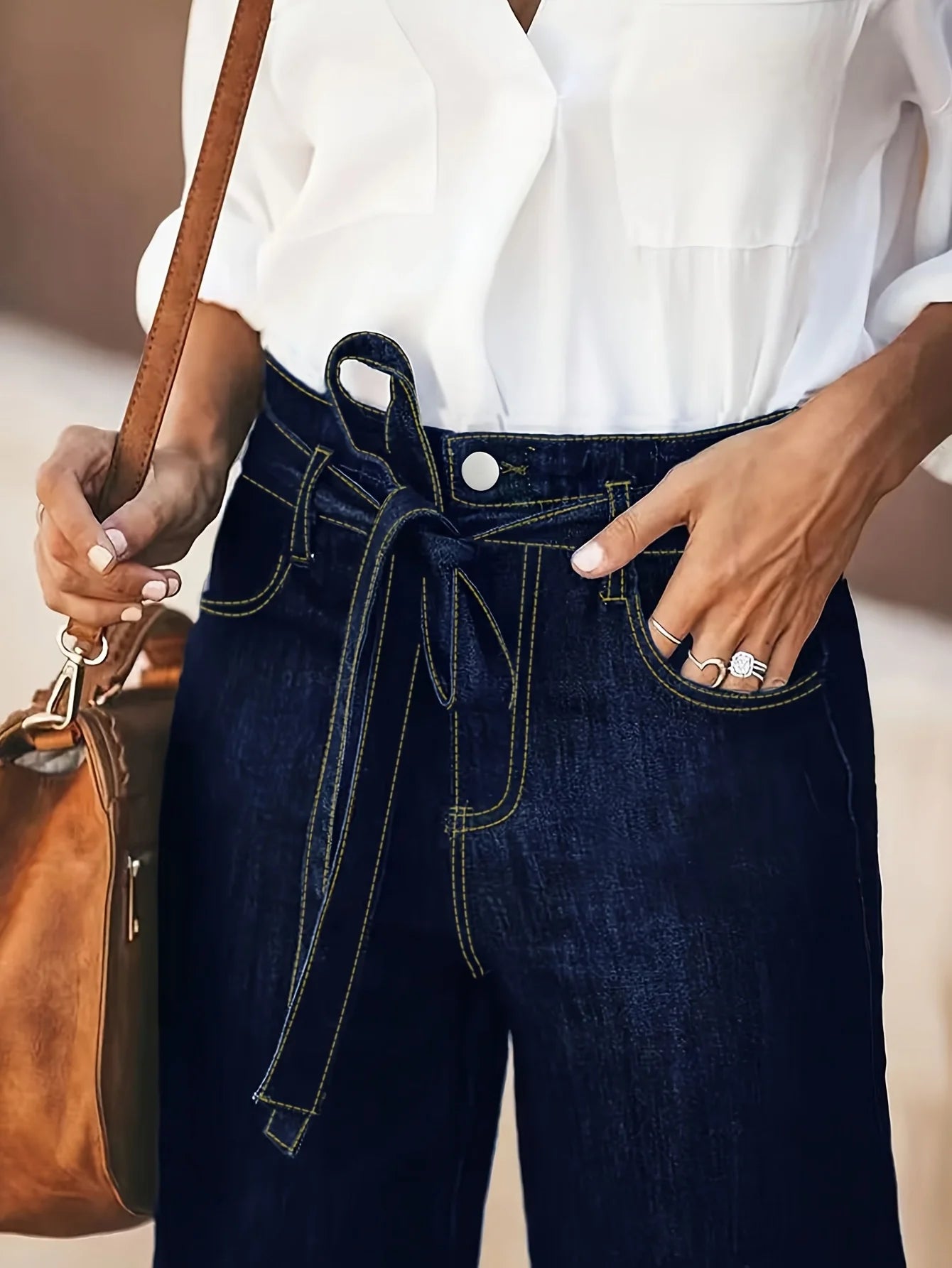 High-Waist Wide-Leg Denim Trousers with Tie Belt – Dark Wash Elegant Jeans