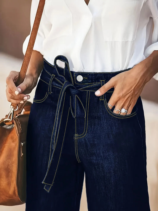 High-Waist Wide-Leg Denim Trousers with Tie Belt – Dark Wash Elegant Jeans