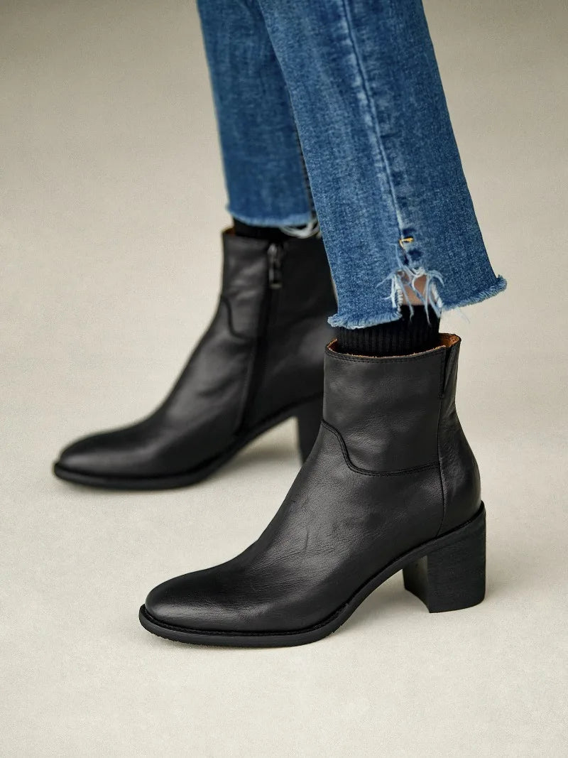 Women’s Genuine Leather Ankle Boots | Vintage European-Inspired Round Toe Booties, Side Zipper, Block Heel, Classic British Style