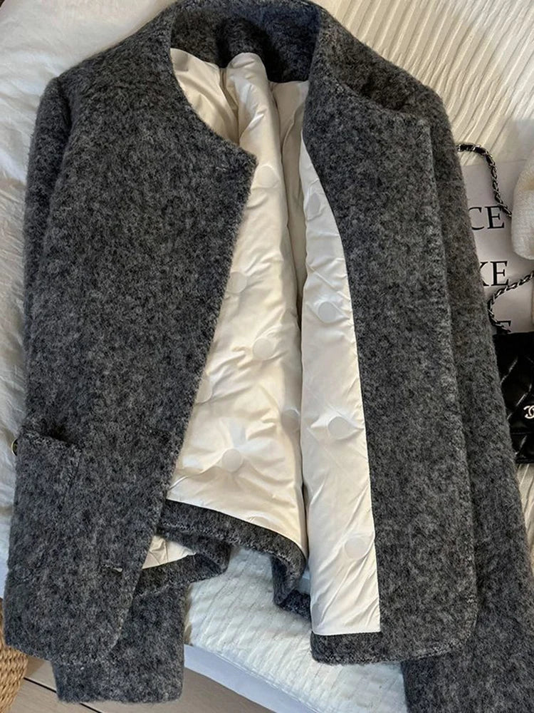 Women’s Thick Wool-Blend Jacket with Gold Buttons – Structured O-Neck Vintage Coat | Autumn Winter 2025
