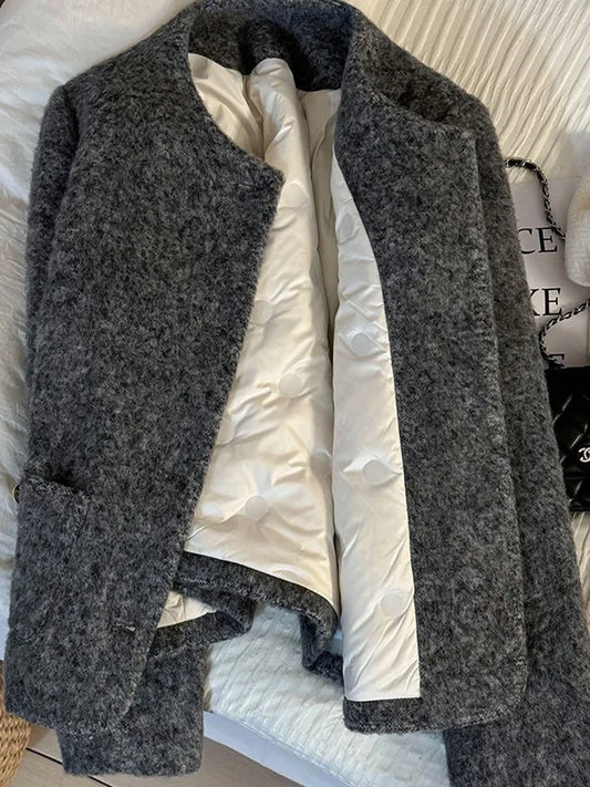 Women’s Thick Wool-Blend Jacket with Gold Buttons – Structured O-Neck Vintage Coat | Autumn Winter 2025