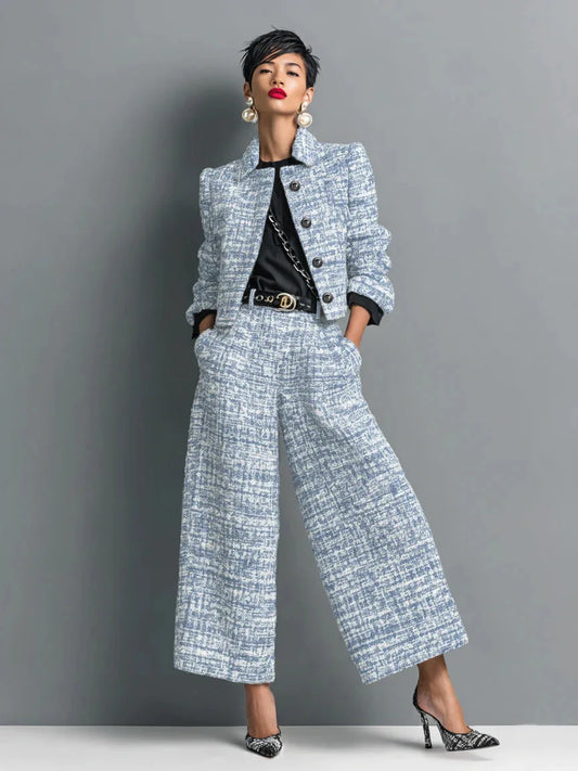 Luxury Tweed Two-Piece Set for Women – Elegant Printed Button Jacket & Wide Leg Pants Set | Modern Blend Boutique