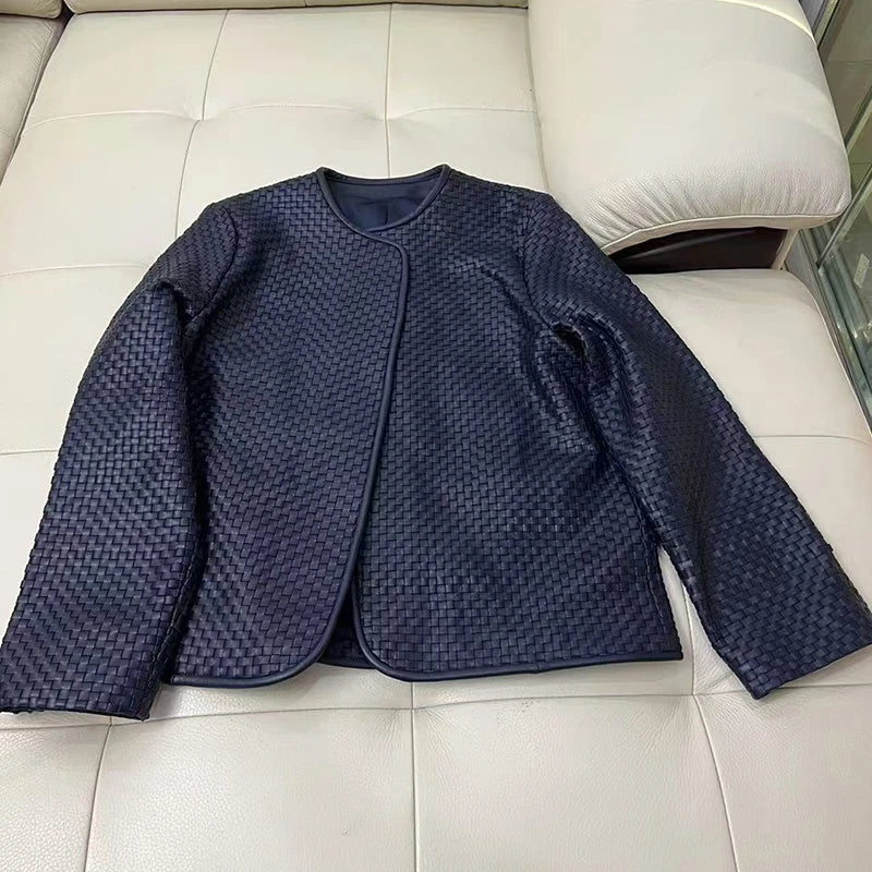 Genuine Leather Jacket/Women Stylish Vintage Jacket/Hand-Woven Sheepskin/O-Neck Cardigan Plaid Coat Outwear.