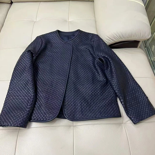Genuine Leather Jacket/Women Stylish Vintage Jacket/Hand-Woven Sheepskin/O-Neck Cardigan Plaid Coat Outwear.