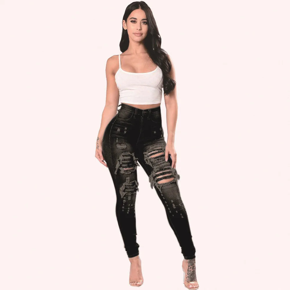 Hollow Out Ripped Denim’s/ High Waist Jeans/Elastic Designed Skinny Jeans/Vintage Stretch Style/Zipper Fly Pencil Pant’s.