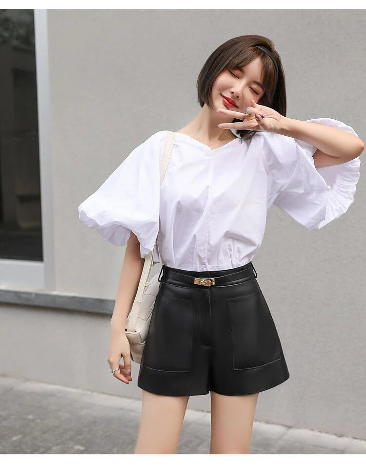 Luxury High-Waisted Faux Leather Tailored Shorts – Structured Designer-Inspired Statement Piece