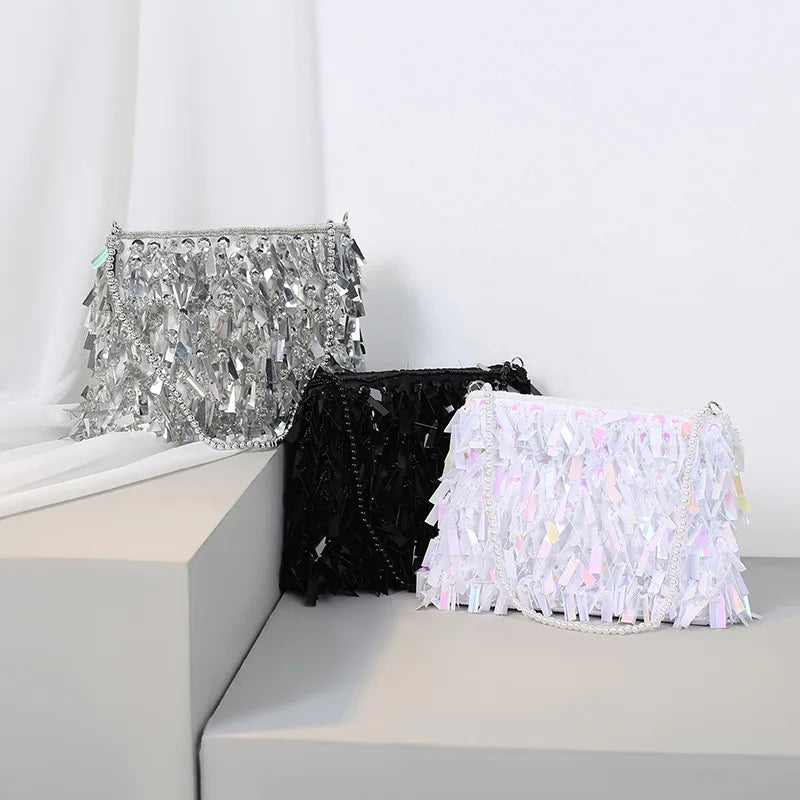 Vintage Silver Hand Bag/Beading Sequined Bag/Clutch Purse Versatile Handbags With Beaded Handle Chain Shoulder Bag.