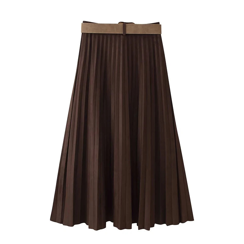 Flowing Effect Pleated Skirt/Neutral Beauty Layered Skirt/Midi Long Skirt/High Waist Elegant Faux Suede Skirt With Belt.