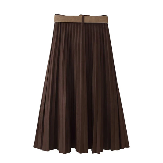 Flowing Effect Pleated Skirt/Neutral Beauty Layered Skirt/Midi Long Skirt/High Waist Elegant Faux Suede Skirt With Belt.