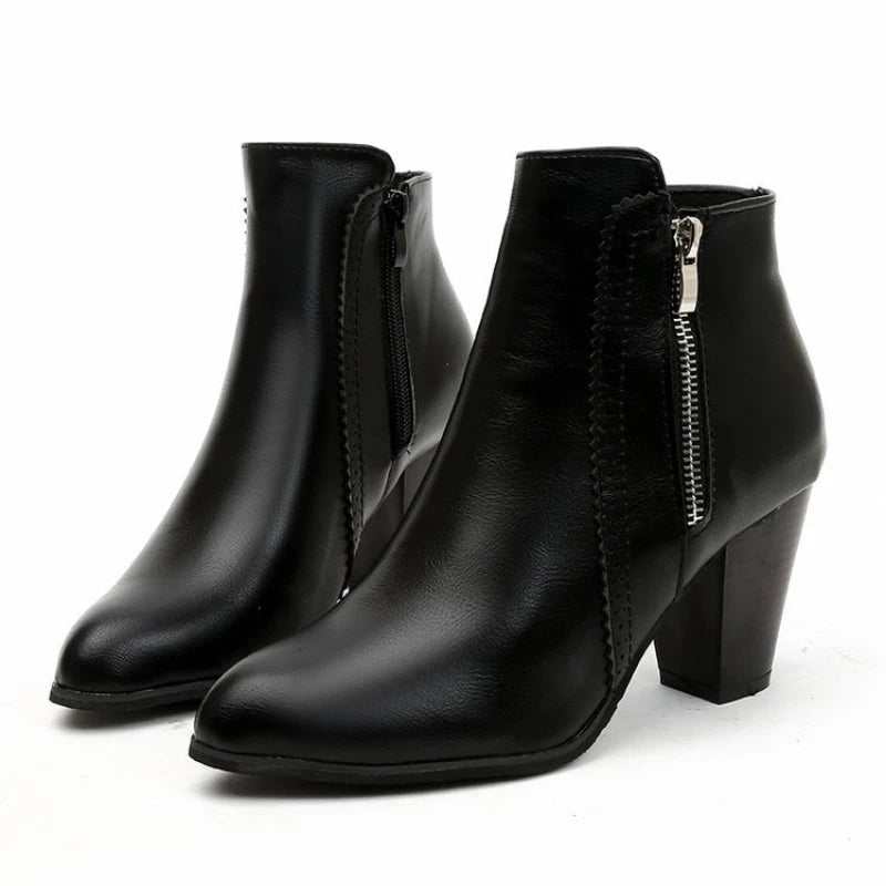 Women’s Faux Leather Ankle Boots | Chunky Block Heel, Side Zipper, Round Toe, Classic Dress Booties – Black & Cognac Brown