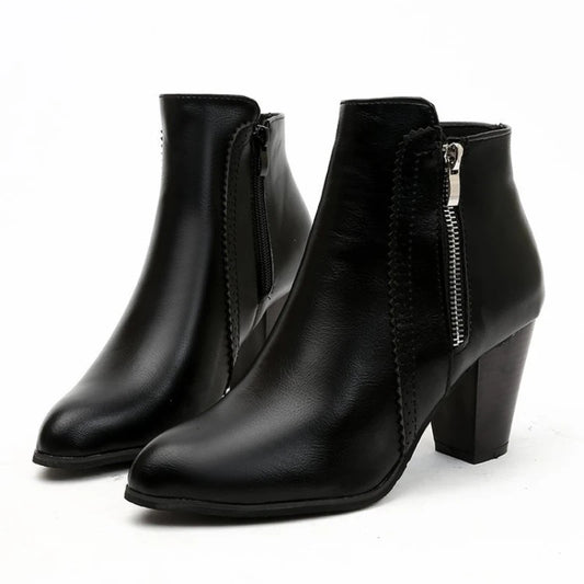 Women’s Faux Leather Ankle Boots | Chunky Block Heel, Side Zipper, Round Toe, Classic Dress Booties – Black & Cognac Brown