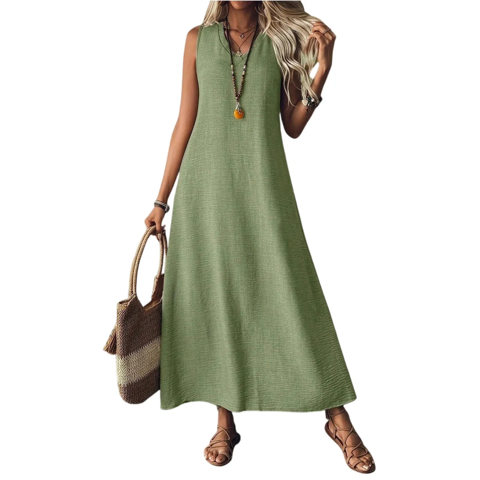 Trendy Solid V-Neck Loose Dress/Sleeveless V Neck Pullover Dresses/Holiday Beach Skirt Robe.