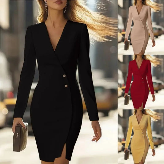 Autumn Solid Color Long-sleeved Dress/Button Suit Dress/Elegant Event Look.